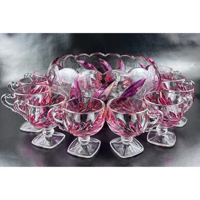 复古印第安纳州玻璃油紫色沙碗套装带 12 个优雅杯子 — 第 1/4 张图片