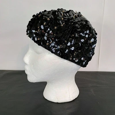 Vtg Handmade in Italy Sequin Beret Snood Black/Gold Iridescent Beaded Cap Hat OS - Image 1 of 4