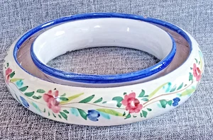 Vtg Hand Painted Italian Pottery Pansy Flower Frog Candle Ring Vase Signed Italy - Picture 1 of 8