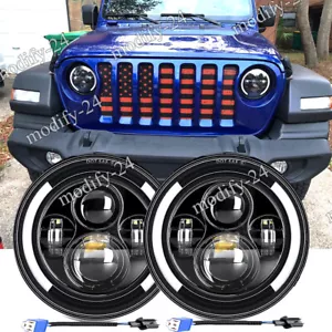 Pair 7"Inch Round LED Headlights Halo Angle Eyes Fit Jeep Wrangler JK LJ TJ CJ - Picture 1 of 15