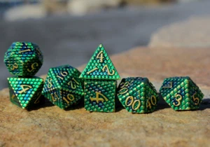 Dragon Emerald Wyrm Scales - 7 Piece Metal Polyhedral DND RPG 5e Dice Set - Picture 1 of 7