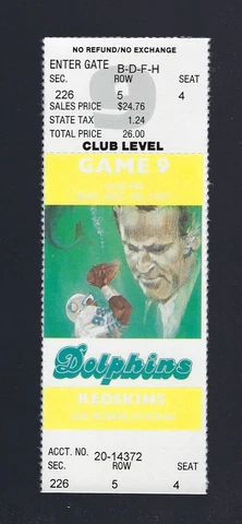 MARINO 3 TDs 1987 NFL WASHINGTON REDSKINS @ MIAMI DOLPHINS FULL FOOTBALL TICKET Cover
