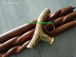 Vintage Brass Head handle Walking Stick Spiral Carved Brown Wooden cane handmade - Picture 1 of 12