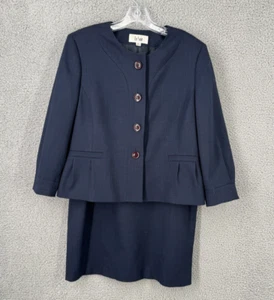Le Suit Set Women 14 Navy Blue Jacket Skirt Suit Classic Collarless Button Front - Picture 1 of 9