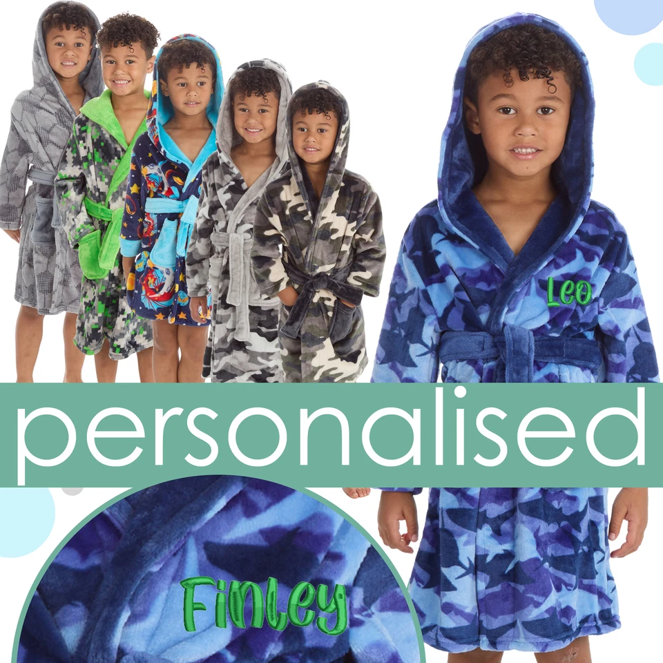 METZUYAN Personalised Boys Plush Fleece Dressing Gown Hooded Embroidered Robe 2-13 Years