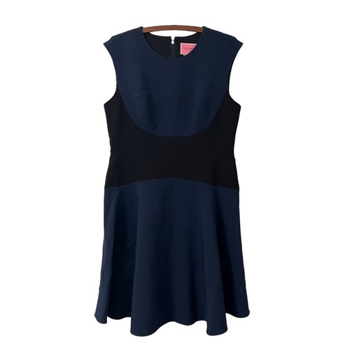 Abito classico Kate Spade blu navy nero colorblock senza maniche aderente svasato carriera 12