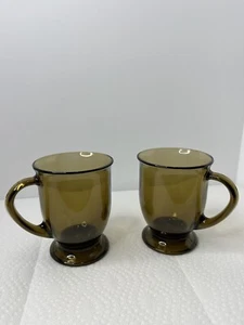 2 Lot Vintage Anchor Hocking Smoke Brown 16 Oz Pedestal Footed Coffee Tea Mugs - Picture 1 of 10