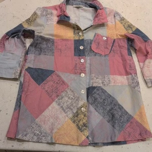 John Mark Patchwork Button Down Shirt Tunic Neutral Art Size M Boho Artsy - Picture 1 of 16