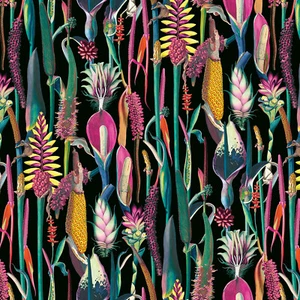 Velvet Upholstery Fabric Curtain Fabric Plush Tropical 290GSM Botanical Black - Picture 1 of 4