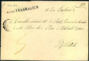1853, carta gravada enviada desde ESTRASBURGO con ""A.U.UEB. FRANCIA"" tránsito - Imagen 1 de 2