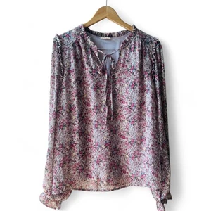 Easel LA Peasant Blouse Size Large Floral RufflesPink Front Tie Lined NWOT - Picture 1 of 6