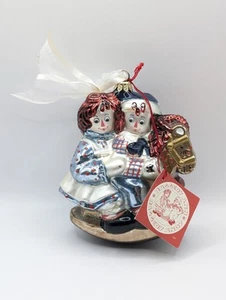 Vtg 1998 Kurt Adler Raggedy Ann & Andy On Rocking Horse Glass Christmas Ornament - Picture 1 of 9