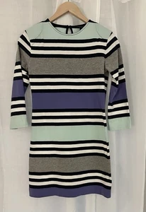 French Connection Blue Stripe Knit Dress Stretch With Shoulder Pad Detail Sz 8  - Picture 1 of 5