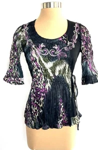Top túnica ALBERTO MAKALI talla M arrugado elástico estampado negro corbata lateral imitación envoltura M - Imagen 1 de 4