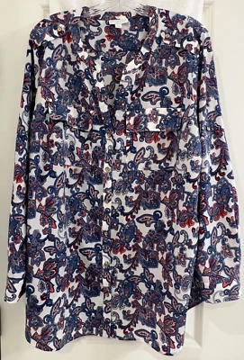 Blusa Top Charter Club Mujer 3X Plus Paisley Rollo Tap Botón Delantero Mangas Largas Foto 1 de 4