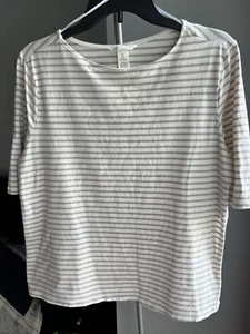 H&M Maternity Blouse Size Large 3/4 Sleeve Cream& Beige Striped Round Neck - Picture 1 of 7