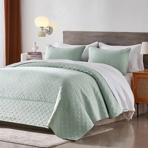 Quilt Set, 3 Piece Soft Basket Weave Sage Green Bedspread King Light Green - Picture 1 of 6