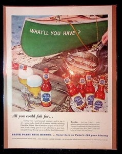 1950s Pabst Blue Ribbon Fishing Canoe "What'll You Have?" Art Vintage Print Ad - Picture 1 of 1