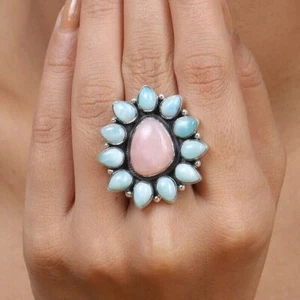 Rosa Ópalo & Larimar Anillo 925 Plata de Ley Tendencia Diseño Flor - Imagen 1 de 10