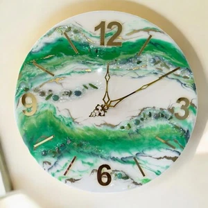 Epoxidharz Uhr Rund Große Wanduhr Wohnzimmer Gold Modern mit Edelsteinen Deko - Bild 1 von 9