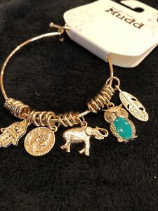 NEW Charm Bangle Bracelet Gold Elephant Owl Feather Coin