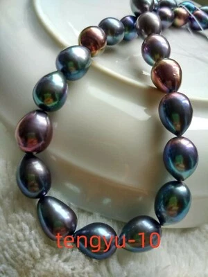 IMPRESIONANTE AAAA+14-12mm Pavo Real Tahitiano Negro Azul Perla Collar 18 pulgadas Oro 14k Foto 1 de 4