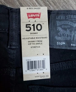 Levis 510 Skinny Boys Jeans Stretch Black 8 REG 24X22 New! MSRP$48 - Picture 1 of 4