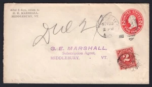 USA Middlebury VT 1908 Local Cover. Postage Due. Stamped Envelope - Picture 1 of 2