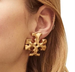 Tory Burch Gold Stud Roxanne Clip On Oversized Logo Earrings 1.25"