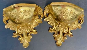 Coppia 2 mensole da parete floreali vintage Homco Hollywood Regency ornate oro acanthus - Foto 1 di 10