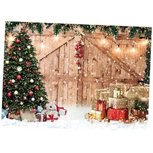Qian Rustic Christmas Barn Wood Door Backdrop for Photography 7x5ft Xmas Tree - Picture 1 of 7
