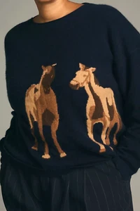 Anthropologie Cashmere Intarsia Horse Sweater Maeve Western Navy Plus Sz 1X NEW - Picture 1 of 7