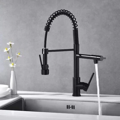 Grifo de fregadero de cocina negro mate con resorte rociador mezclador grifo montado en cubierta Foto 1 de 4