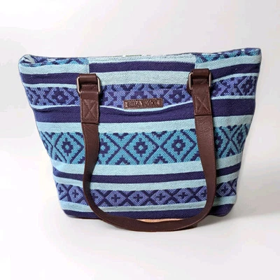 Bolsa de mão Bella Taylor tecido com acabamento de couro azul boho sudoeste - Imagem 1 de 4