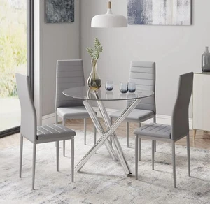 Round Glass Dining Table Set with 4 Grey PU Chairs Chrome Legs Modern Kitchen - Picture 1 of 8