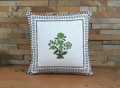 Funda de cojín de algodón estampada en bloques de mano Funda de almohada con estampado de bordes indios Foto 1 de 4