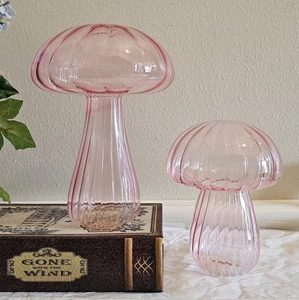 Rosa mundgeblasene Glas Pilz Figuren - dekorative Kunst Glas Skulpturen, 2er Set - Bild 1 von 10