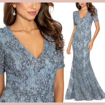 Новый с Ярлыками $299 XSCAPE [ 4] украшенный Soutache кружева v-образным вырезом платье в дым синий #J2050 - Изображение 1 из 4