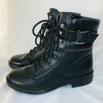Botas de combate Guess para mujer de 7,5 galones negras con hebilla y cremallera con cordones de cuero sintético Foto 1 de 4