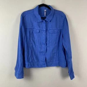 Lulu B Linen Jacket Womens Large Blue Raw Edges Button Up Barbie Coastal - Picture 1 of 9