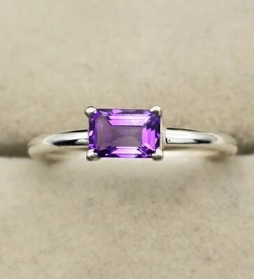 Natural Amethyst Baguette Ring Handmade 925 Sterling Silver Prong Ring Gift Ring - Image 1 of 4