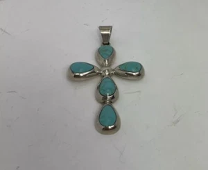 925 Sterling Silber Vintage Mexico ATI Echt Türkis Edelstein Kreuz Anhänger - Bild 1 von 4