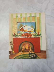 Cat Laying On Rug In Front Of Fireplace Christmas Greeting Card - Picture 1 of 3