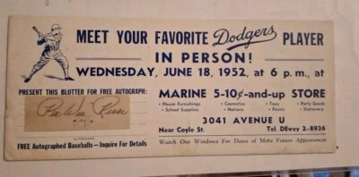 1952 Pee Wee Reese Signed In Person Meet Your Favorite Dodger at Marine 5&10 JSA - Image 1 of 3