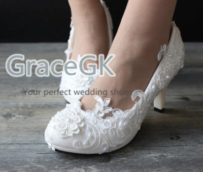Lace bridal crystal wedding shoes pearls low high heel flat bridesmaid prom shoe - Image 1 of 4