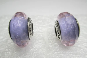 Set 2 Fascinating Purple Shimmer Lavender Pandora Murano Glass Charms February - Picture 1 of 2