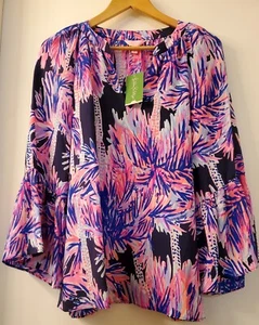 Lilly Pulitzer Bluse Neu mit Etikett Matilda Seidentop MED hellmarine Palmen hoch 28652410US2M - Bild 1 von 14
