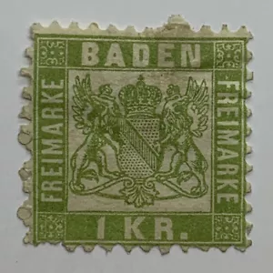 1868 MH BADEN 1kr STAMP #26 GREEN WHITE - Picture 1 of 2