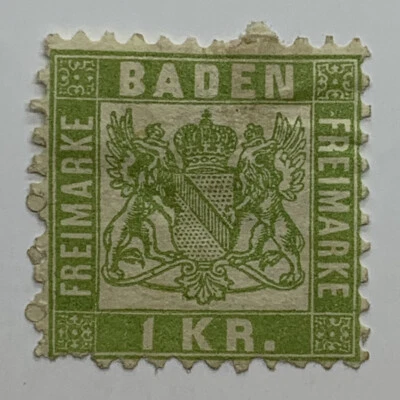 1868 MH BADEN 1kr STAMP #26 GREEN WHITE  - Image 1 of 2