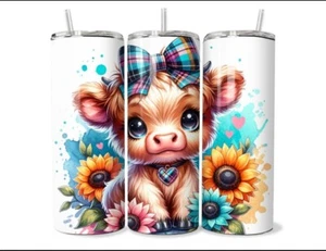 20oz Cute Highland Cow With Teal Plaid Bow Stainless Steel Tumbler - Picture 1 of 1